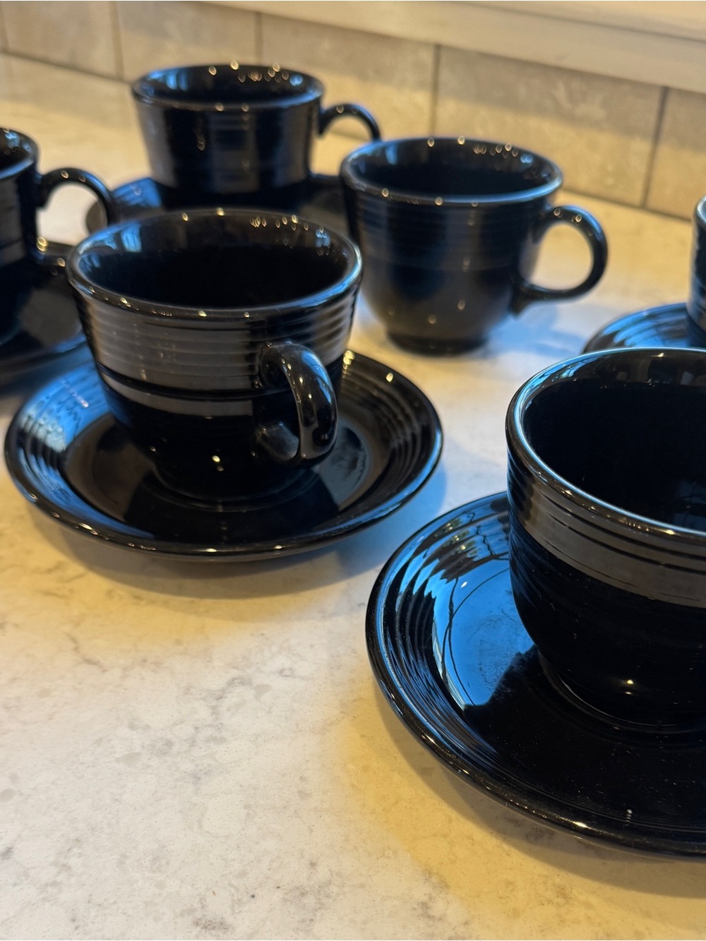 Vintage Fiestaware Coffee Tea Cup/saucer Black in black Set 6 with 1 extra cup.